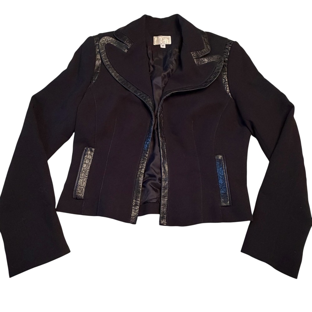 Alberto Makali Black Blazer Jacket Leather Trim Zip Pockets Womens Size 10 USA